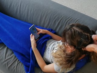 Pee and cum on hair while she is on sofa